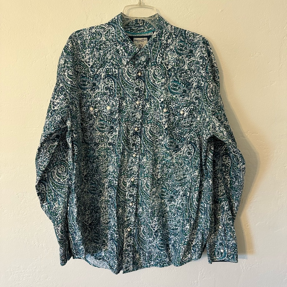 PANHANDLE Rough Stock Men's Western Shirt Pearl Snap Paisley Geometric Blue XL